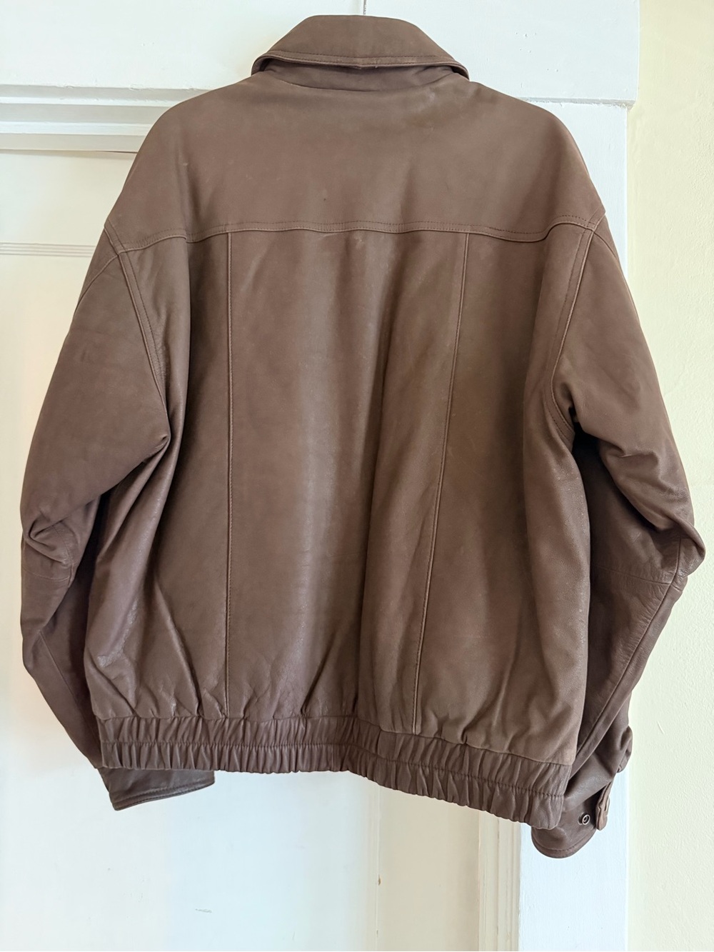 London Fog Brown Leather Bomber Jacket with Snap Front - Picture 3 of 5